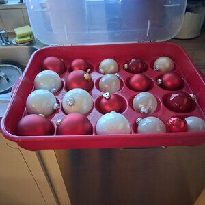 Sterilite plastic ornament box with ornaments